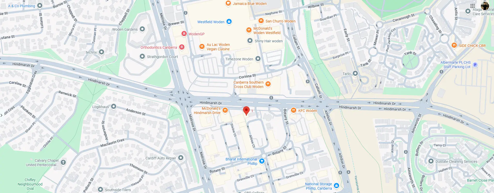 Map of Phillip ACT showing the House Insulation Canberra office at 1/33 Altree Court