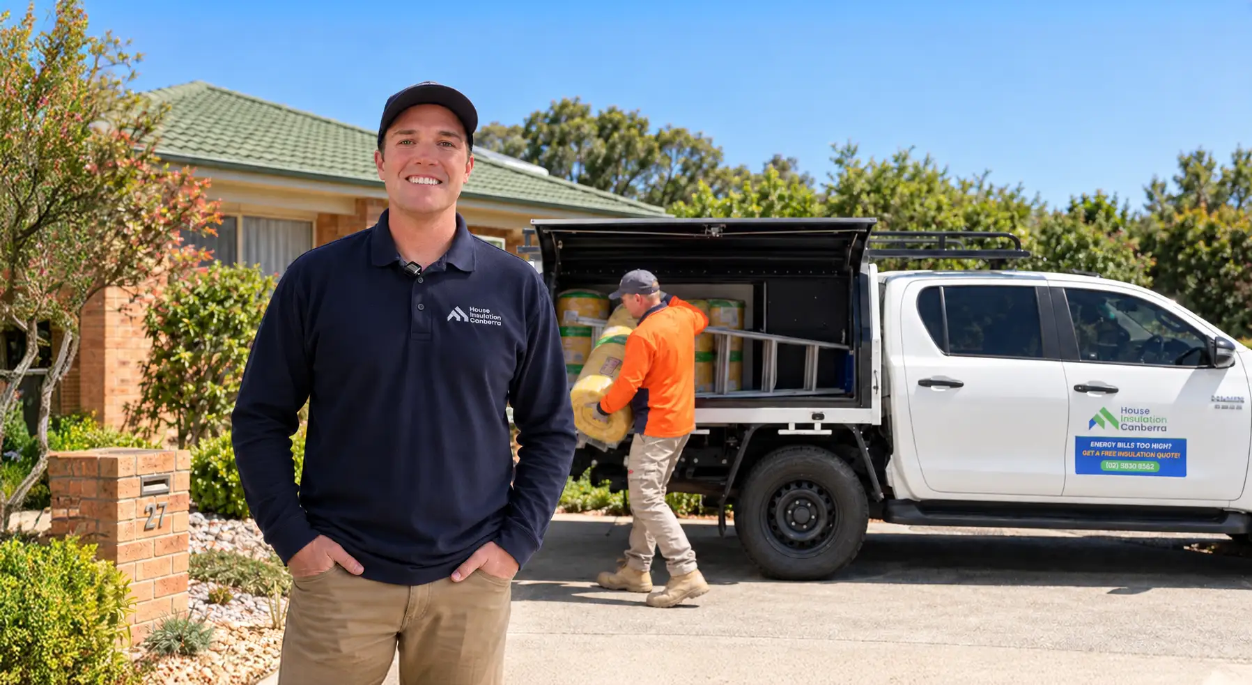House Insulation Canberra installer outside a Canberra home with the team unloading insulation behind him