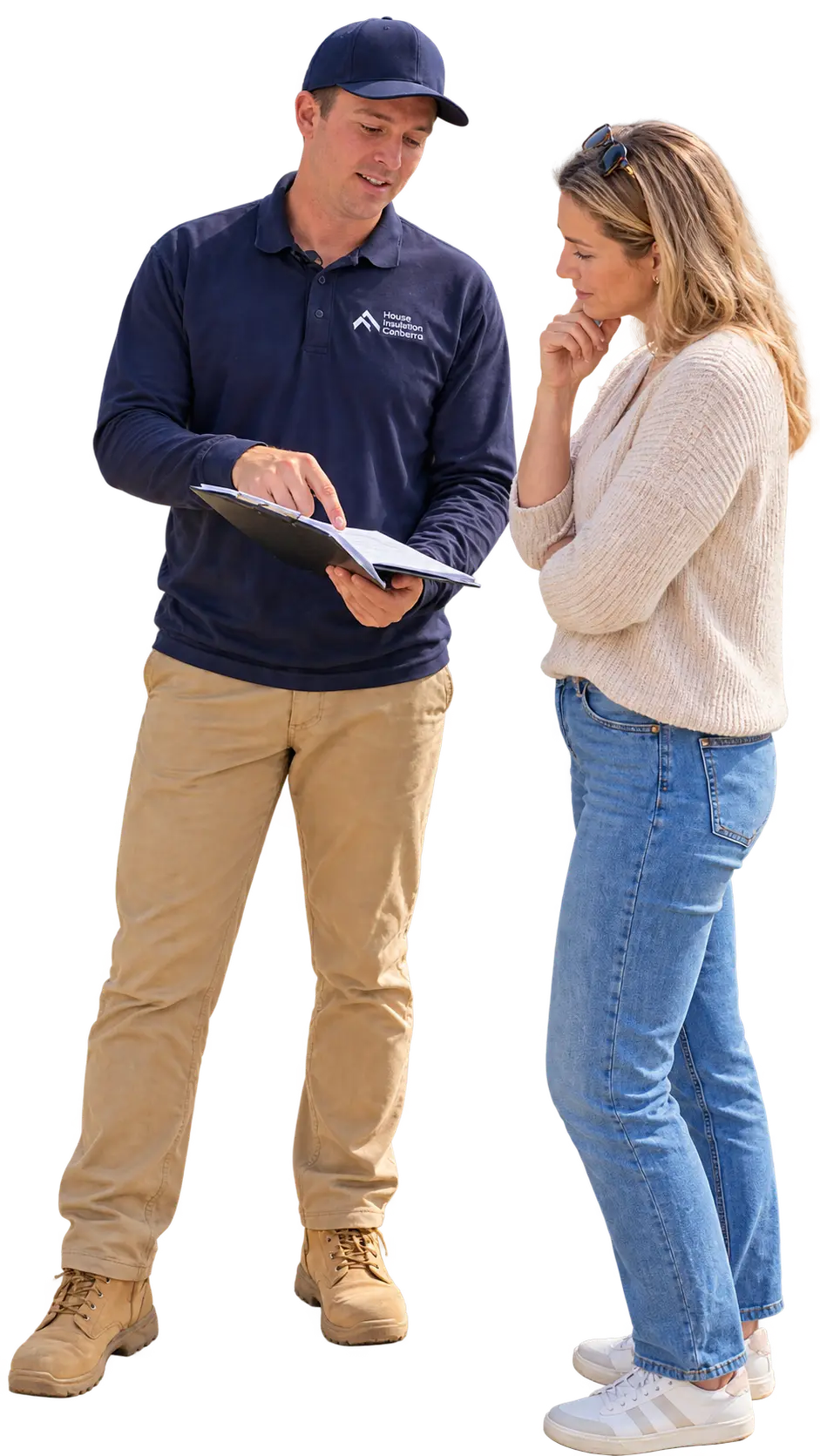 House Insulation Canberra assessor going through a clipboard with a homeowner outside her house