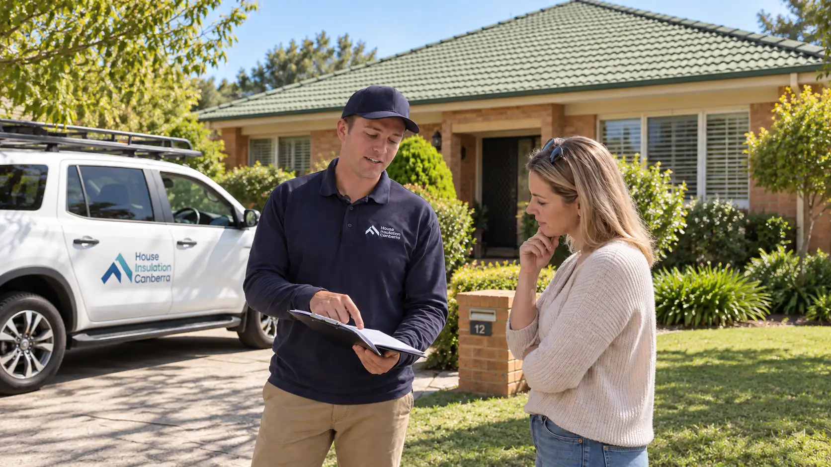 Tom going through a quote with a homeowner outside her house