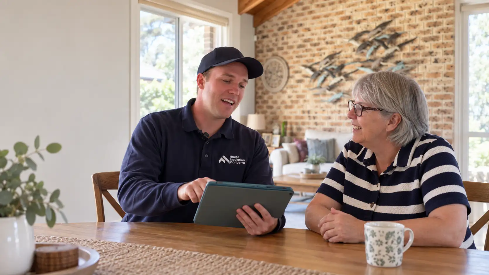 Tom going through a quote on a tablet with a homeowner at her kitchen table