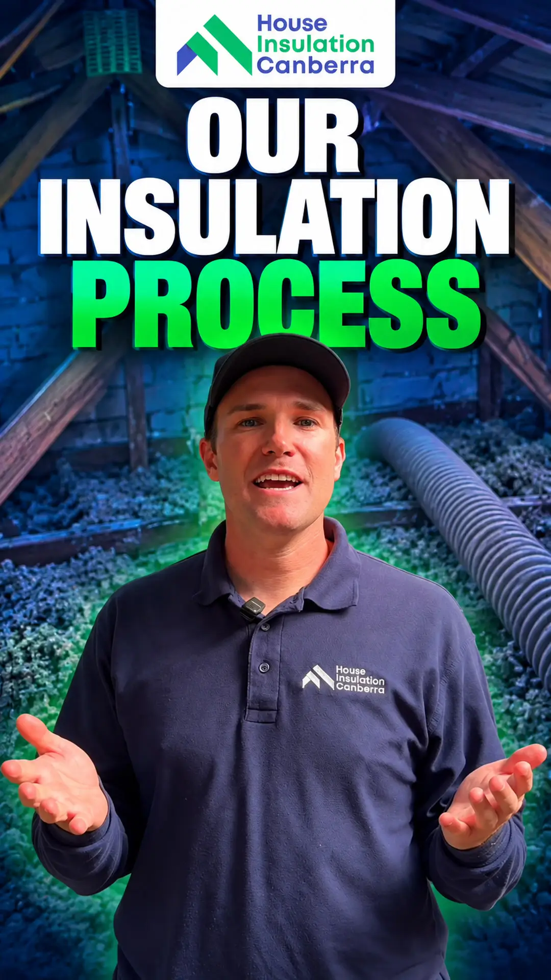 Tom from House Insulation Canberra in a roof space, introducing the Our Insulation Process video