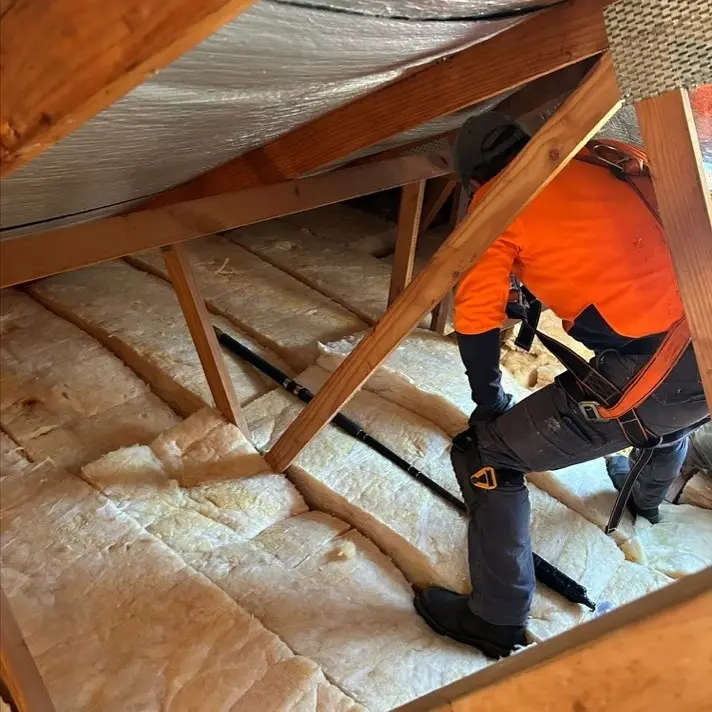 Installer laying new ceiling insulation between the roof timbers