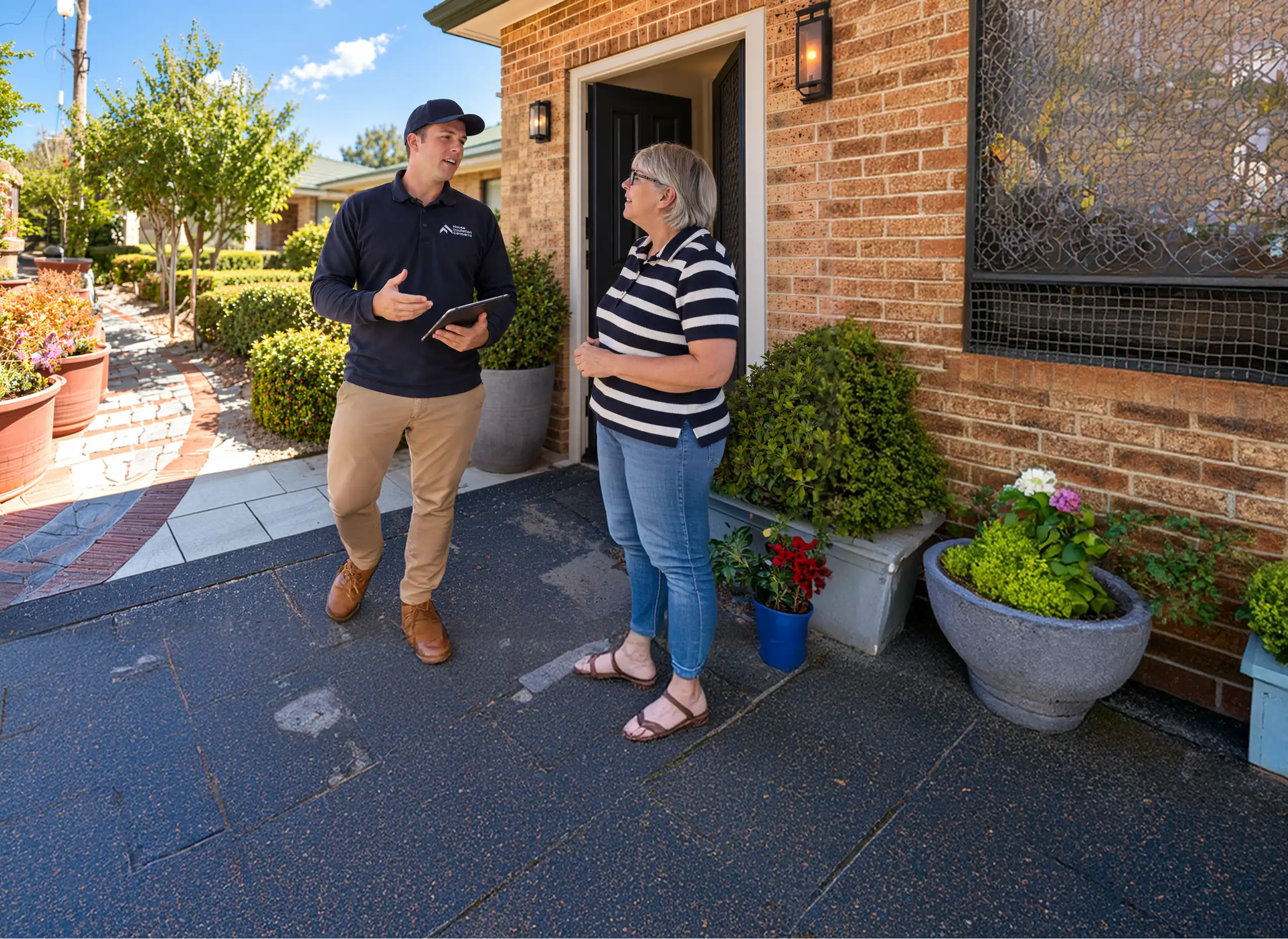 Tom talking through a quote with a homeowner on her driveway